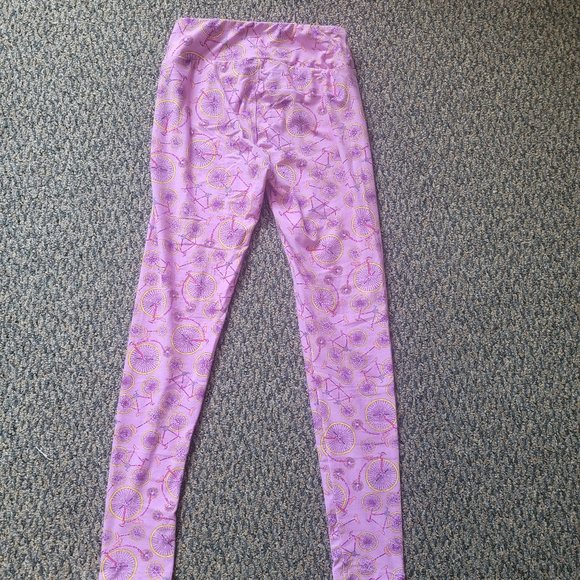 OS LuLaRoe Soft Stretchy Leggings Pink Purple Bicycle Print Leggings One Size - Picture 7 of 7